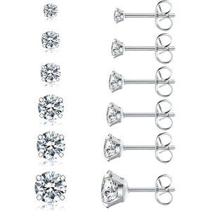 6 Pairs Stud Earrings Set, Hypoallergenic Cubic Zirconia 316L Earrings Stainless